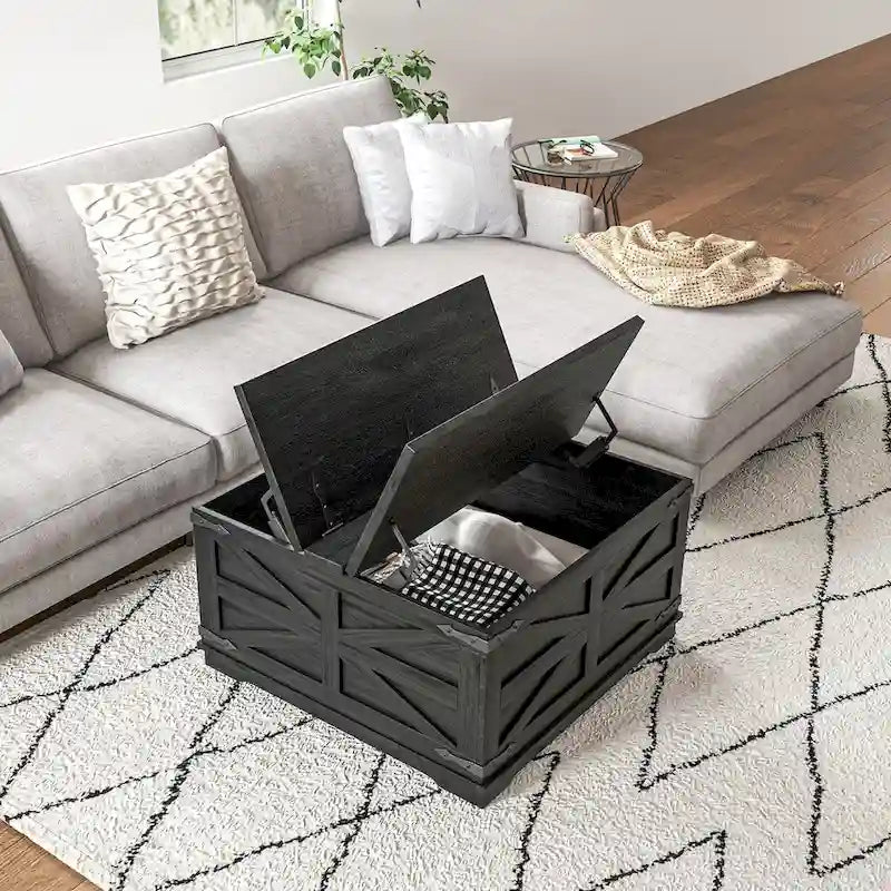Table basse de ferme avec rangement, table basse avec plateau relevable à charnière et espace caché, table basse carrée