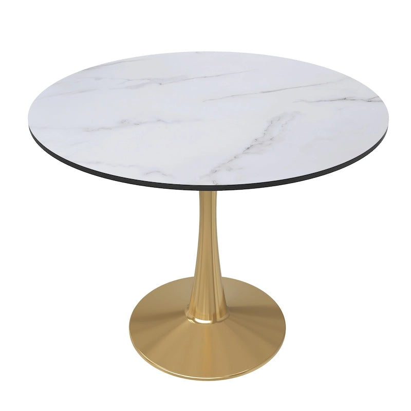 Table de salle à manger ronde 35 pouces pour 4 personnes avec plateau en MDF et piètement en acier doré pour cuisine et salle à manger