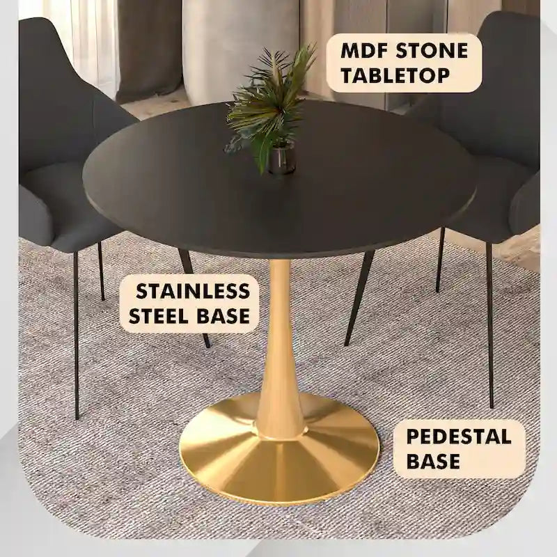 Table de salle à manger ronde 35 pouces pour 4 personnes avec plateau en MDF et piètement en acier doré pour cuisine et salle à manger