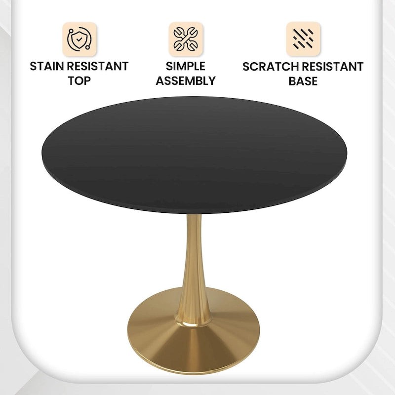 Table de salle à manger ronde 35 pouces pour 4 personnes avec plateau en MDF et piètement en acier doré pour cuisine et salle à manger