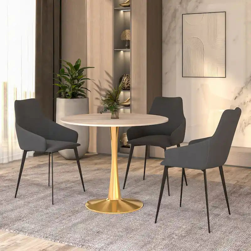 Table de salle à manger ronde 35 pouces pour 4 personnes avec plateau en MDF et piètement en acier doré pour cuisine et salle à manger