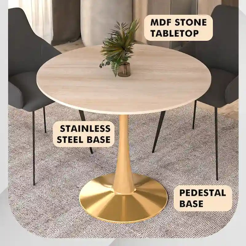 Table de salle à manger ronde 35 pouces pour 4 personnes avec plateau en MDF et piètement en acier doré pour cuisine et salle à manger