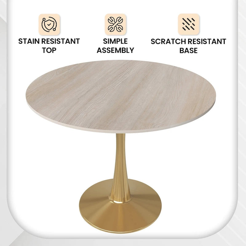 Table de salle à manger ronde 35 pouces pour 4 personnes avec plateau en MDF et piètement en acier doré pour cuisine et salle à manger