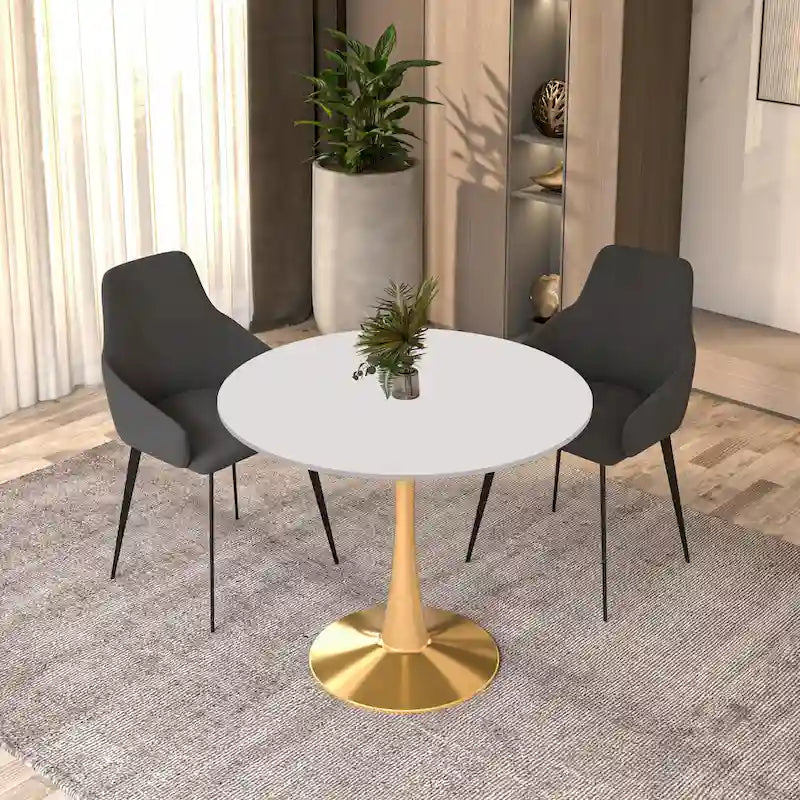 Table de salle à manger ronde 35 pouces pour 4 personnes avec plateau en MDF et piètement en acier doré pour cuisine et salle à manger