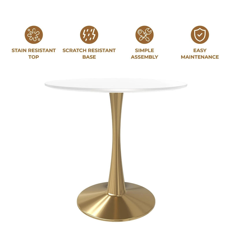 Table de salle à manger ronde 35 pouces pour 4 personnes avec plateau en MDF et piètement en acier doré pour cuisine et salle à manger