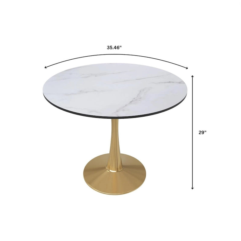 Table de salle à manger ronde 35 pouces pour 4 personnes avec plateau en MDF et piètement en acier doré pour cuisine et salle à manger