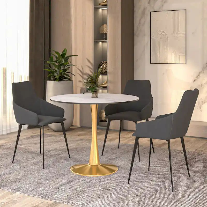 Table de salle à manger ronde 35 pouces pour 4 personnes avec plateau en MDF et piètement en acier doré pour cuisine et salle à manger