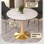 Table de salle à manger ronde 35 pouces pour 4 personnes avec plateau en MDF et piètement en acier doré pour cuisine et salle à manger