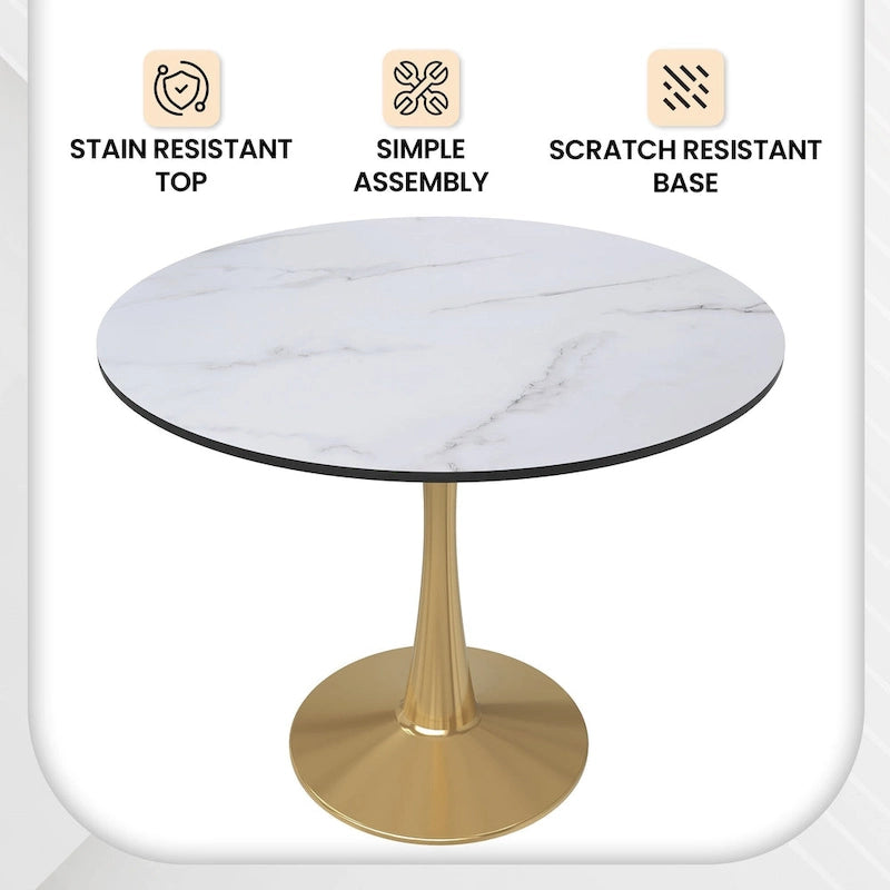 Table de salle à manger ronde 35 pouces pour 4 personnes avec plateau en MDF et piètement en acier doré pour cuisine et salle à manger