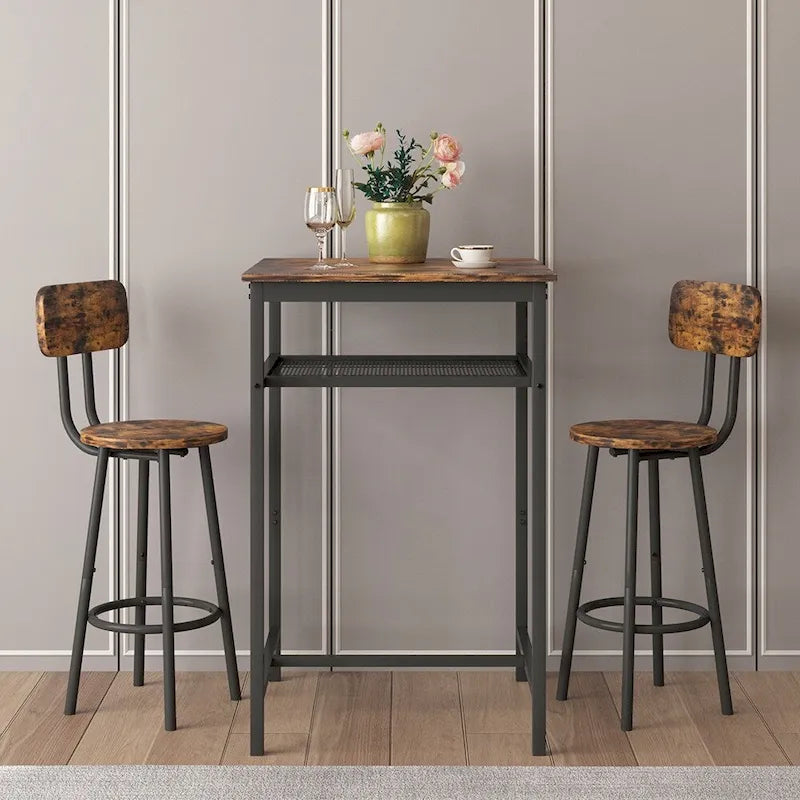 Ensemble table de bar et 2 tabourets avec étagère métallique, petite table de pub, ensemble repas