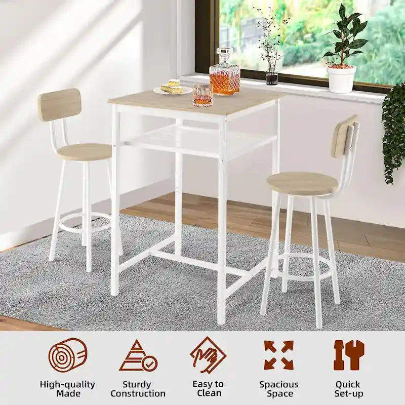 Ensemble table de bar et 2 tabourets avec étagère métallique, petite table de pub, ensemble repas