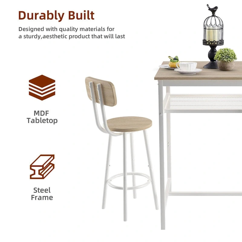 Ensemble table de bar et 2 tabourets avec étagère métallique, petite table de pub, ensemble repas