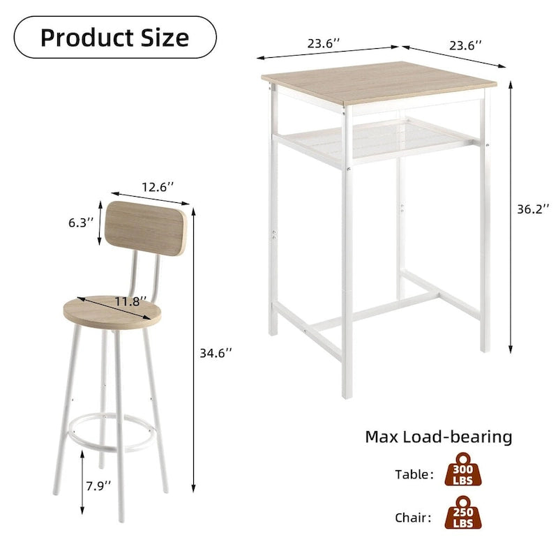 Ensemble table de bar et 2 tabourets avec étagère métallique, petite table de pub, ensemble repas