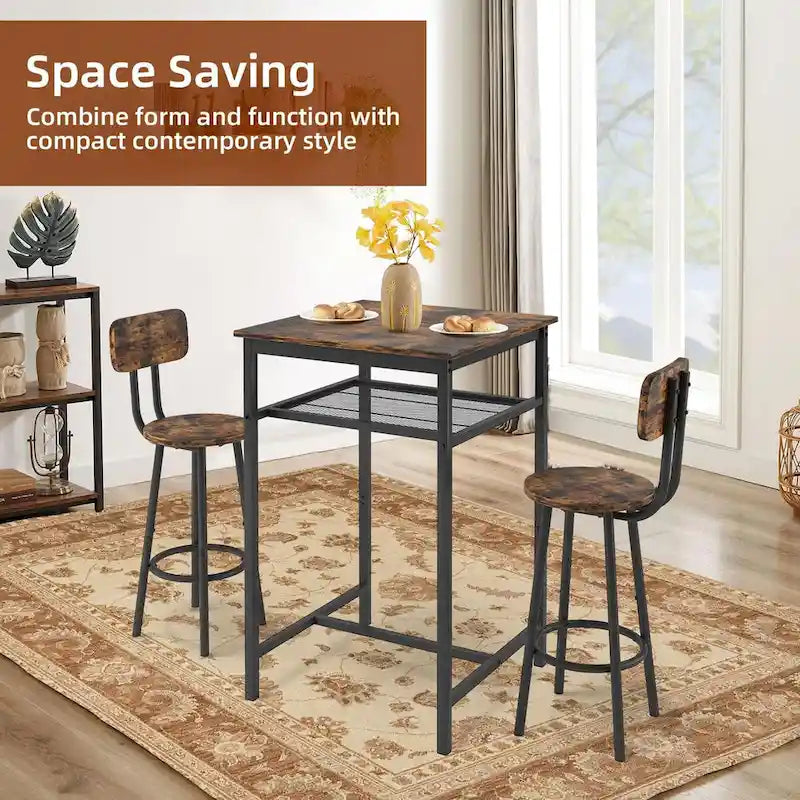 Ensemble table de bar et 2 tabourets avec étagère métallique, petite table de pub, ensemble repas