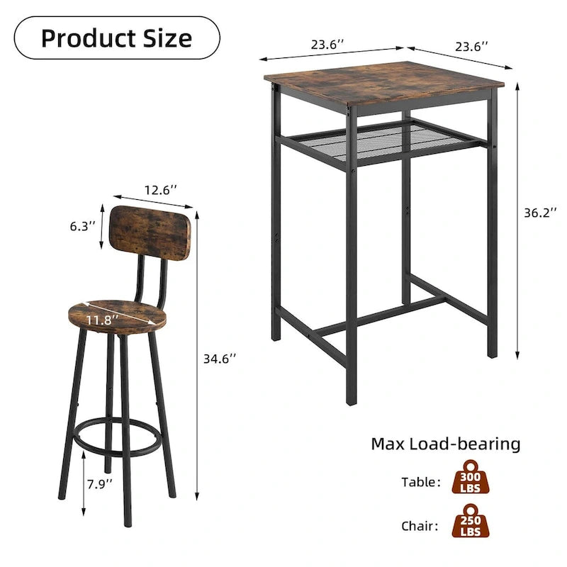 Ensemble table de bar et 2 tabourets avec étagère métallique, petite table de pub, ensemble repas