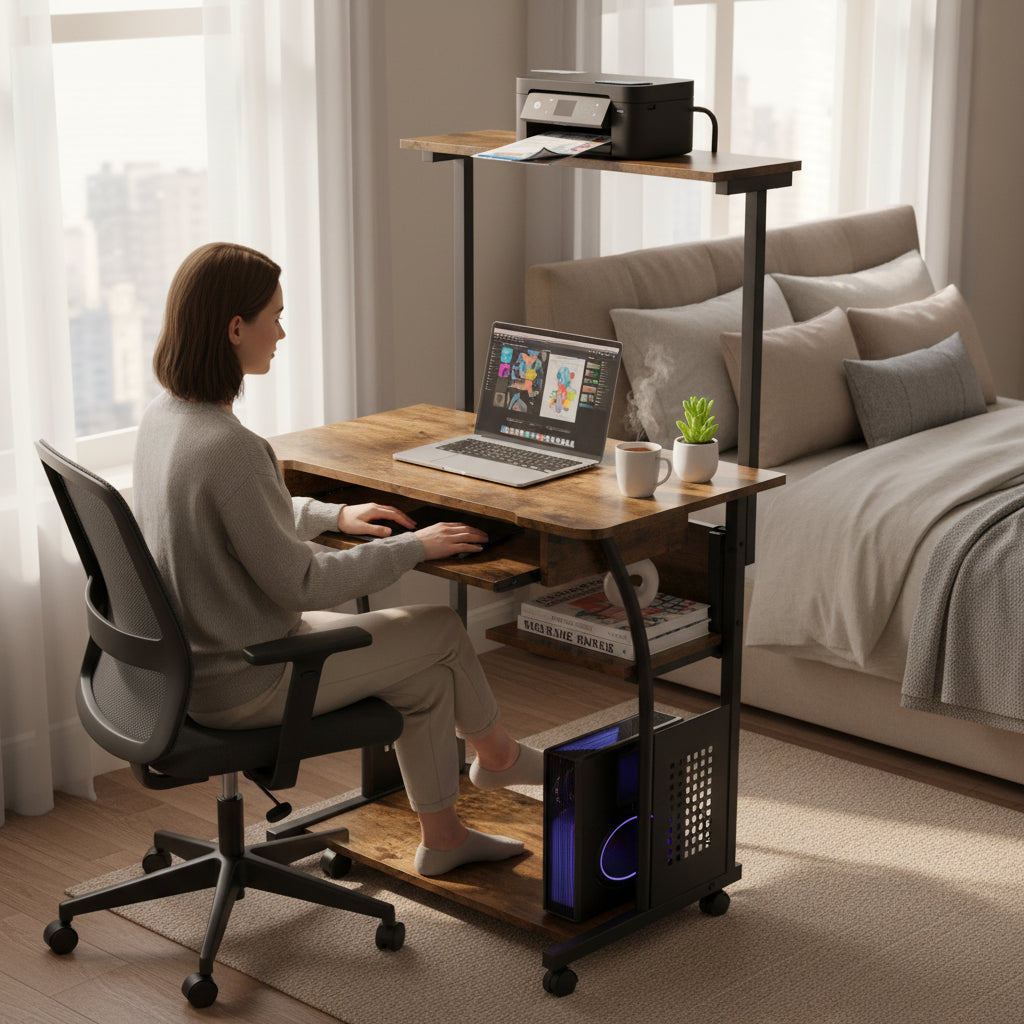 Yaheetech Portable Computer Desk with 4 Shelves and Keyboard Tray
