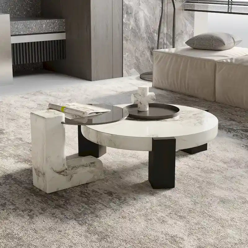 Tables basses gigognes rondes Blanches et Noires avec plateau en verre, lot de 2