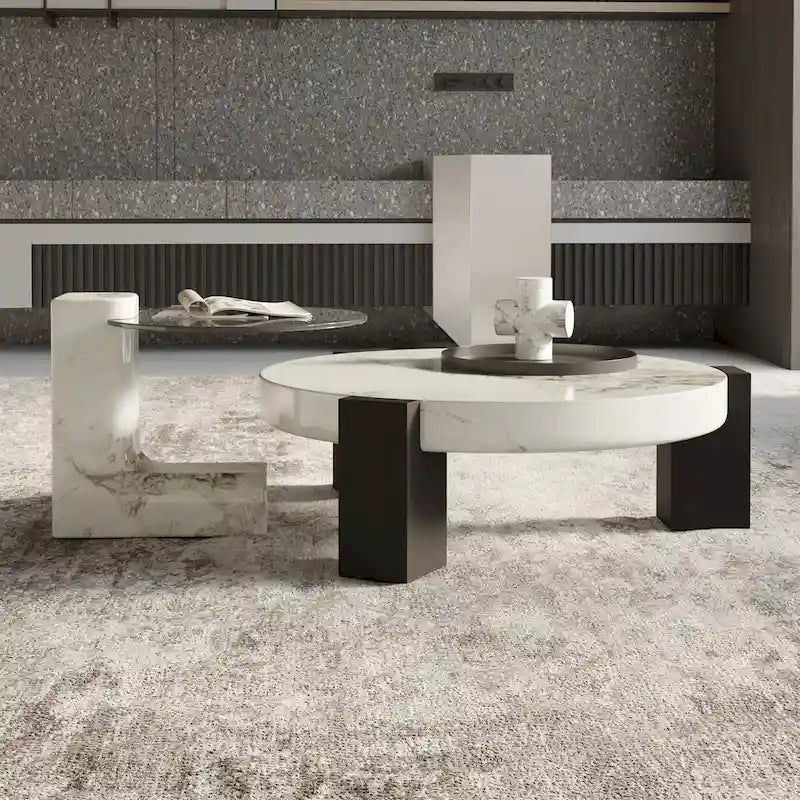 Tables basses gigognes rondes Blanches et Noires avec plateau en verre, lot de 2