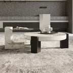 Tables basses gigognes rondes Blanches et Noires avec plateau en verre, lot de 2