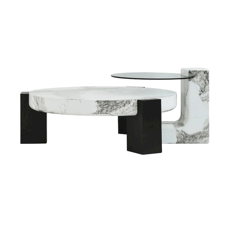 Tables basses gigognes rondes Blanches et Noires avec plateau en verre, lot de 2