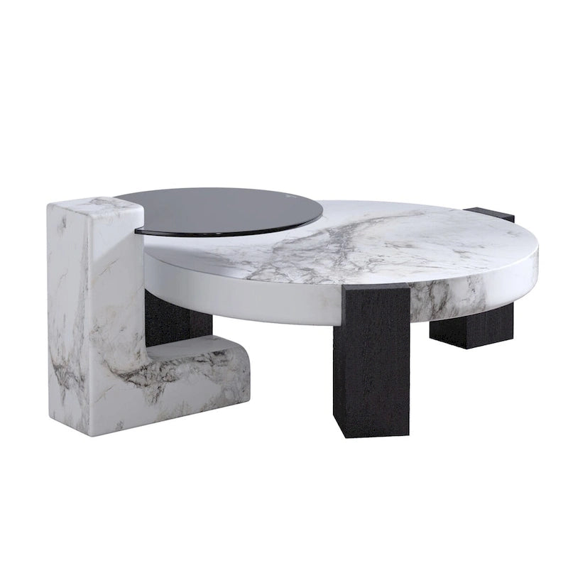 Tables basses gigognes rondes Blanches et Noires avec plateau en verre, lot de 2