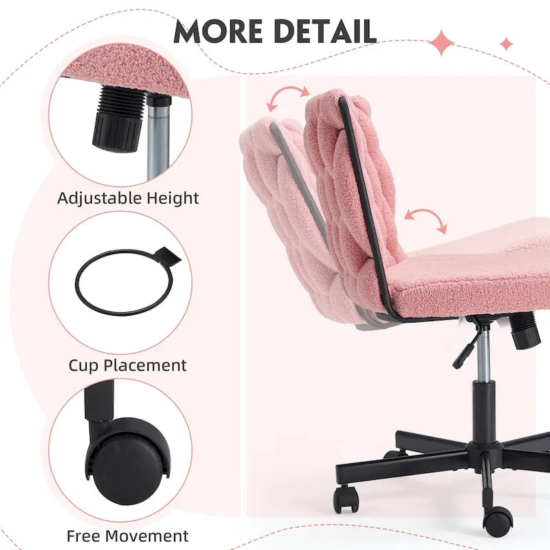 Chaise Criss-Cross sans accoudoirs avec roulettes | Réglable en hauteur | Blanc / Cerisier / Beige / Rose / Gris | Pour 1 personne