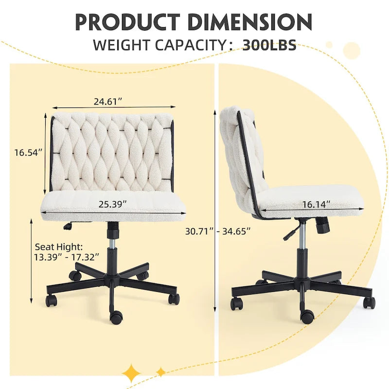 Chaise Criss-Cross sans accoudoirs avec roulettes | Réglable en hauteur | Blanc / Cerisier / Beige / Rose / Gris | Pour 1 personne