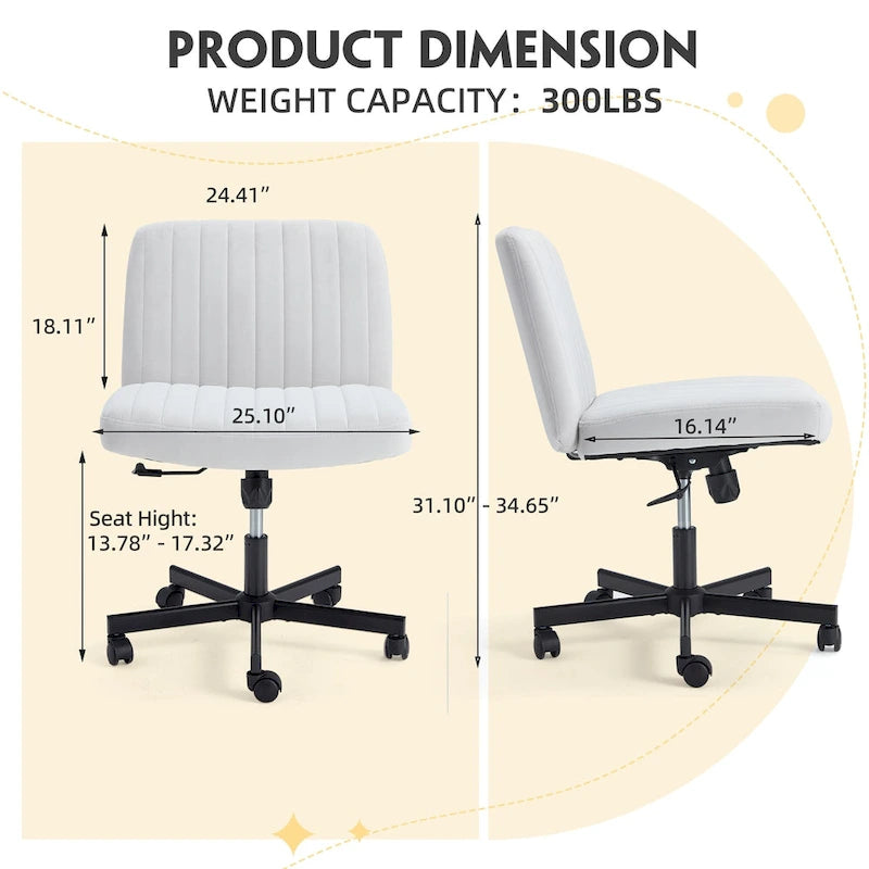 Chaise Criss-Cross sans accoudoirs avec roulettes | Réglable en hauteur | Blanc / Cerisier / Beige / Rose / Gris | Pour 1 personne