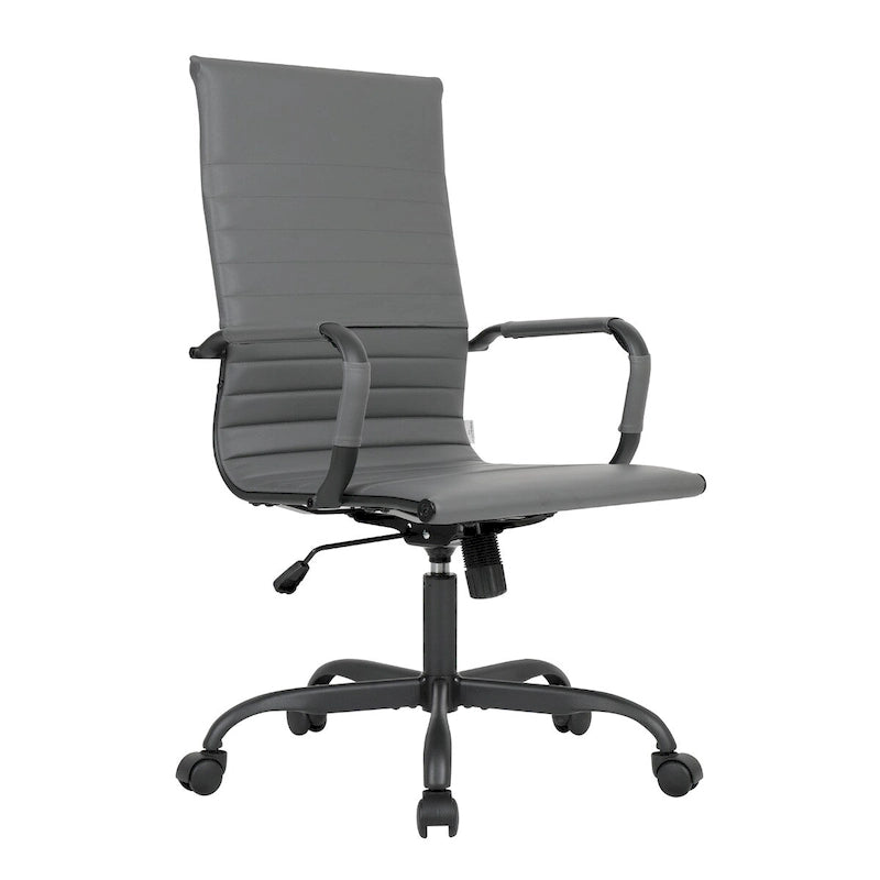 Chaise de bureau pivotante à dossier haut en cuir nervuré réglable avec piètement en métal noir