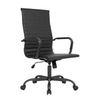 Chaise de bureau pivotante à dossier haut en cuir nervuré réglable avec piètement en métal noir