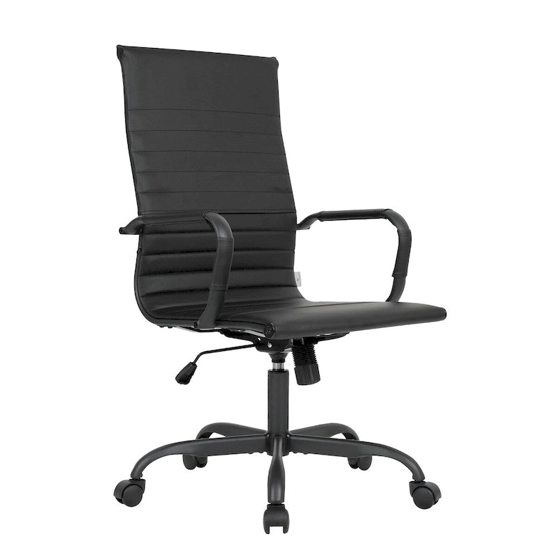 Chaise de bureau pivotante à dossier haut en cuir nervuré réglable avec piètement en métal noir