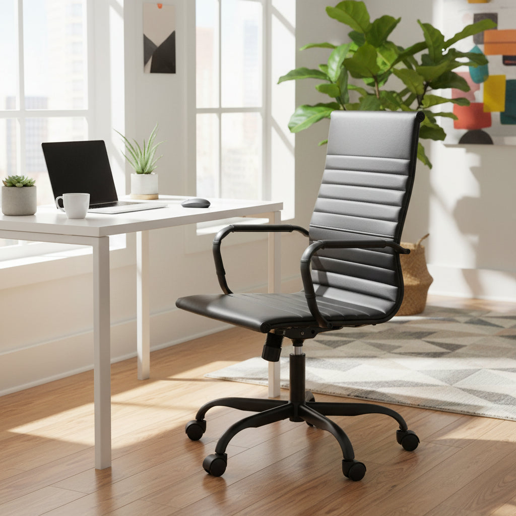Harris Ribbed Leather Adjustable High-Back Office Swivel Chair in Black Metal Frame for Home Conference Desk Computer Chair