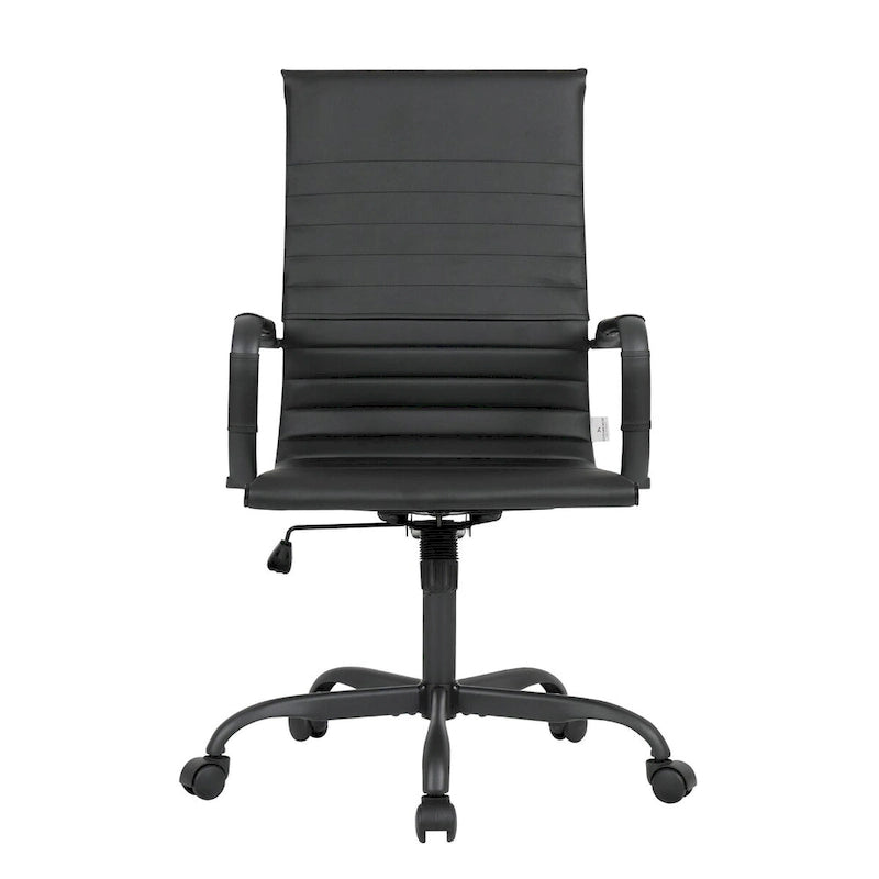 Chaise de bureau pivotante à dossier haut en cuir nervuré réglable avec piètement en métal noir