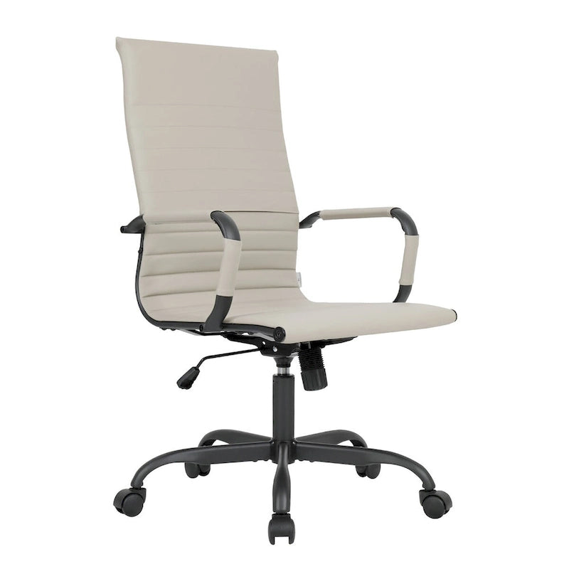 Chaise de bureau pivotante à dossier haut en cuir nervuré réglable avec piètement en métal noir