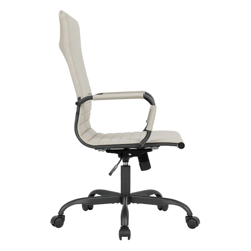 Chaise de bureau pivotante à dossier haut en cuir nervuré réglable avec piètement en métal noir