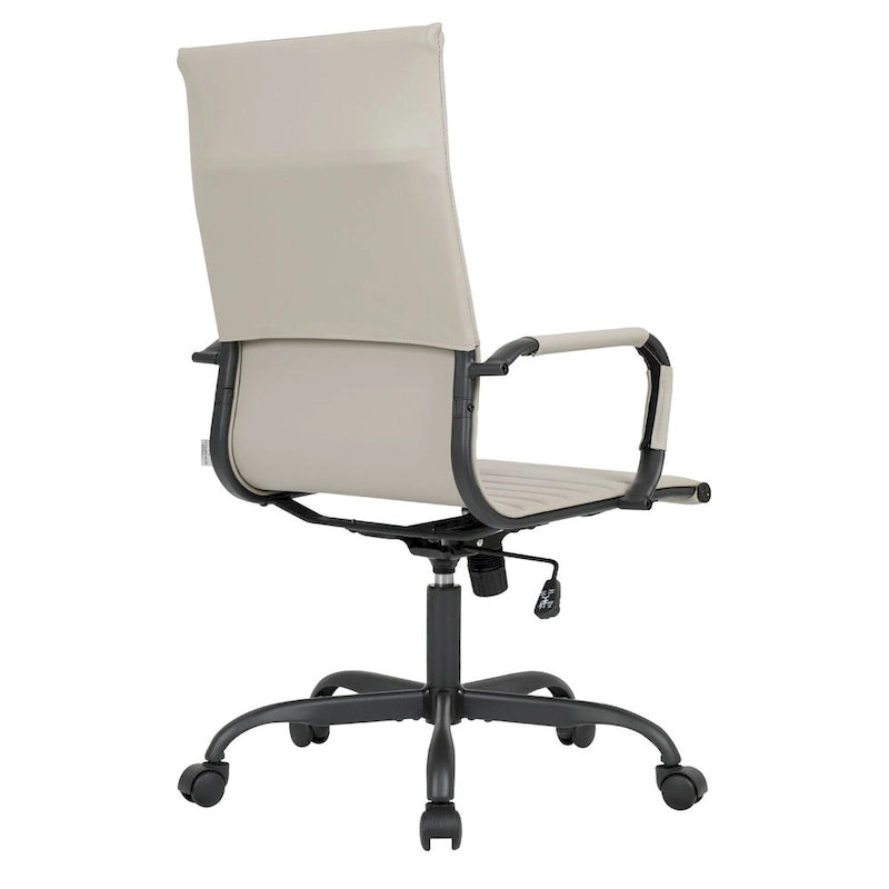 Chaise de bureau pivotante à dossier haut en cuir nervuré réglable avec piètement en métal noir