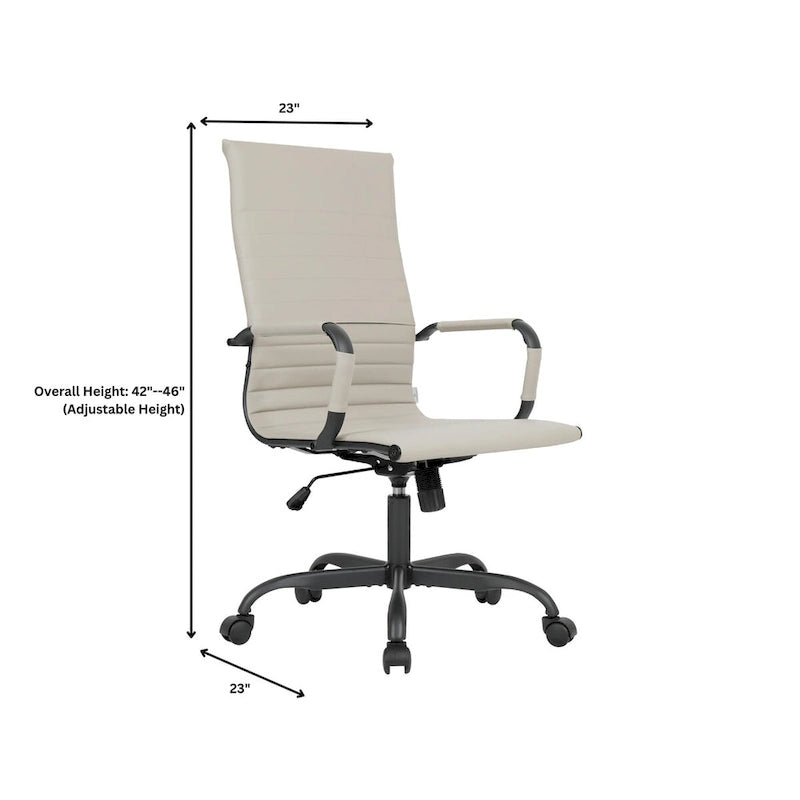 Chaise de bureau pivotante à dossier haut en cuir nervuré réglable avec piètement en métal noir