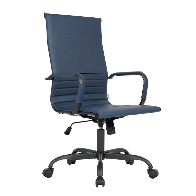 Chaise de bureau pivotante à dossier haut en cuir nervuré réglable avec piètement en métal noir