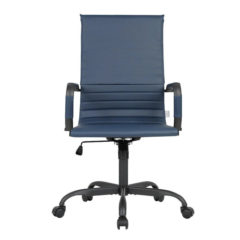 Chaise de bureau pivotante à dossier haut en cuir nervuré réglable avec piètement en métal noir