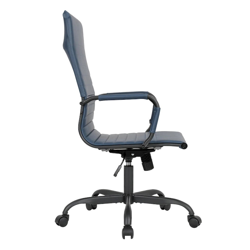 Chaise de bureau pivotante à dossier haut en cuir nervuré réglable avec piètement en métal noir