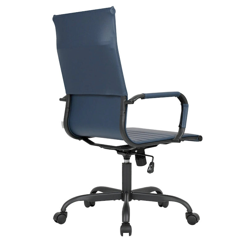 Chaise de bureau pivotante à dossier haut en cuir nervuré réglable avec piètement en métal noir