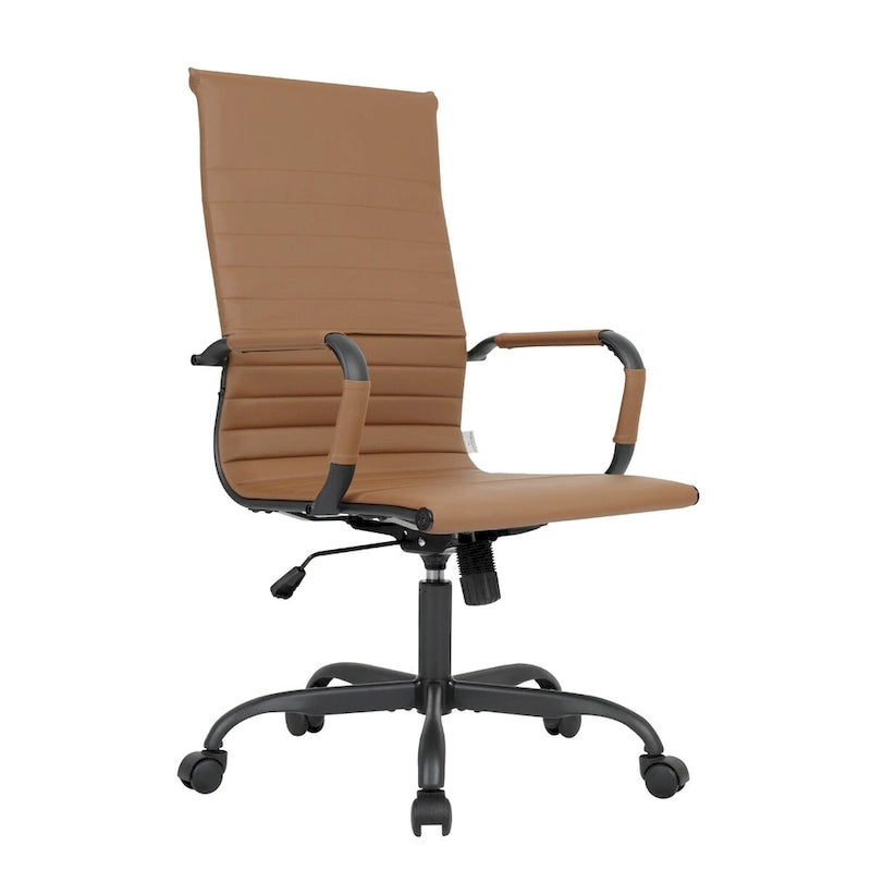 Chaise de bureau pivotante à dossier haut en cuir nervuré réglable avec piètement en métal noir