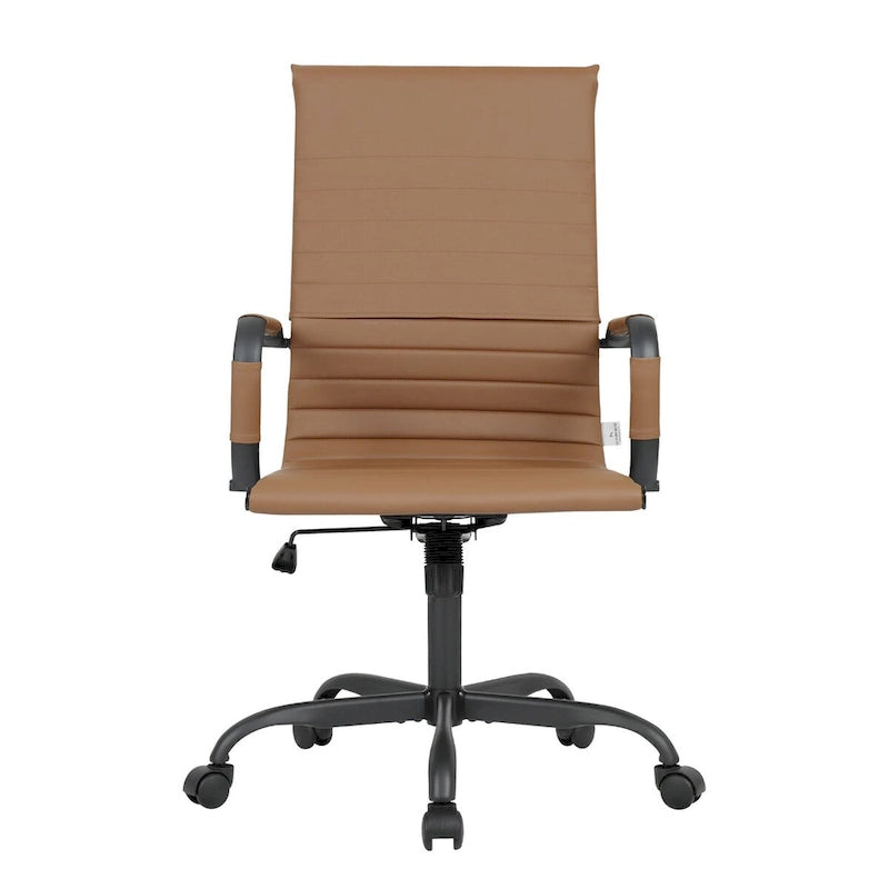 Chaise de bureau pivotante à dossier haut en cuir nervuré réglable avec piètement en métal noir