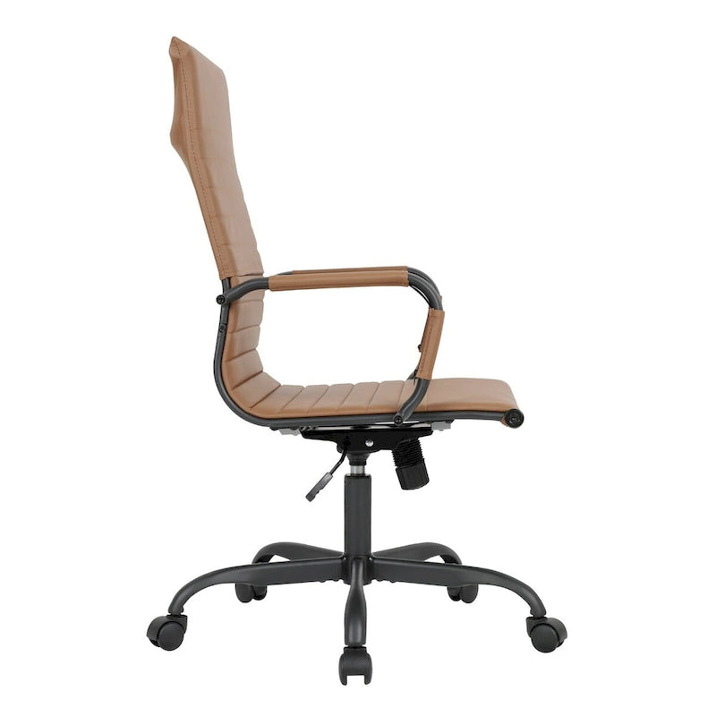 Chaise de bureau pivotante à dossier haut en cuir nervuré réglable avec piètement en métal noir