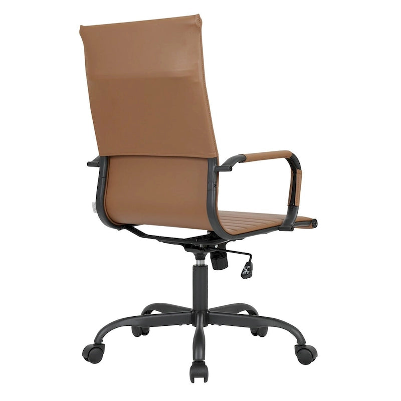 Chaise de bureau pivotante à dossier haut en cuir nervuré réglable avec piètement en métal noir