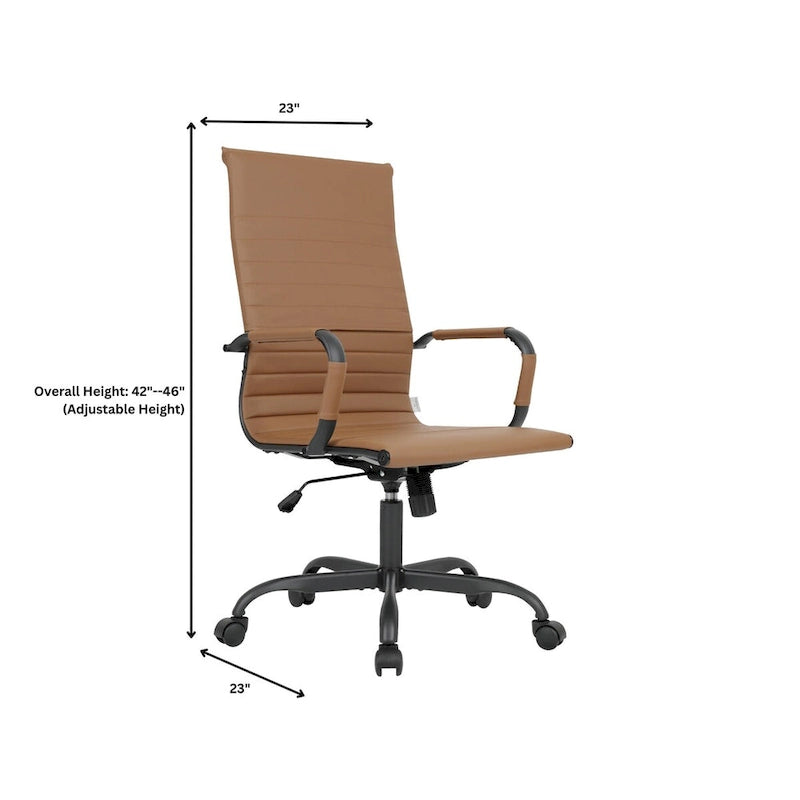 Chaise de bureau pivotante à dossier haut en cuir nervuré réglable avec piètement en métal noir