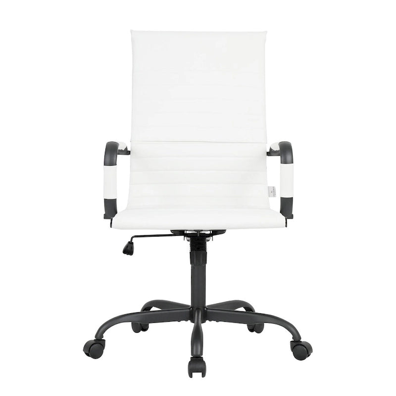 Chaise de bureau pivotante à dossier haut en cuir nervuré réglable avec piètement en métal noir