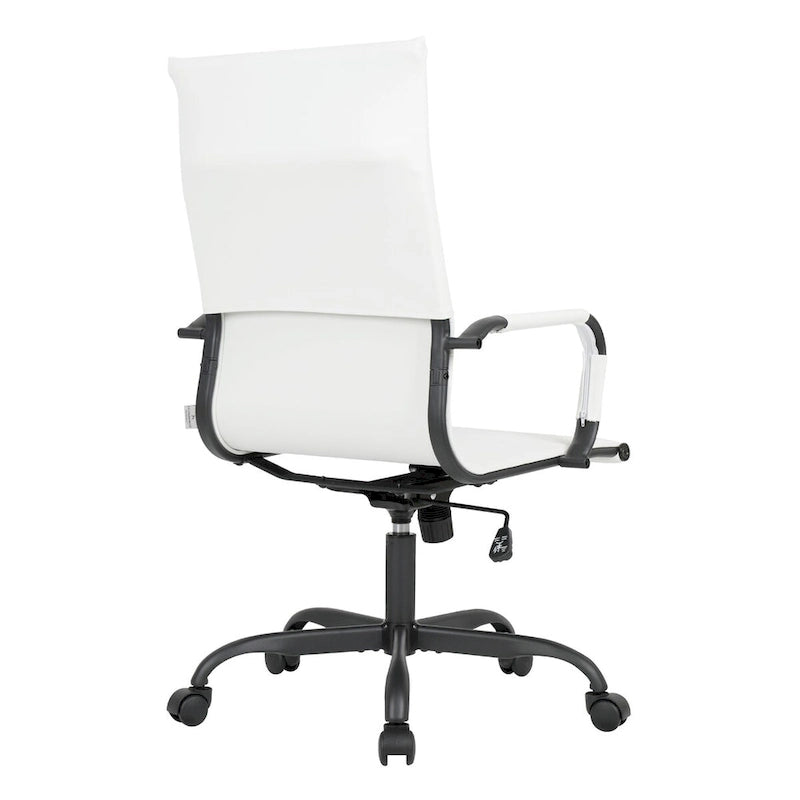 Chaise de bureau pivotante à dossier haut en cuir nervuré réglable avec piètement en métal noir