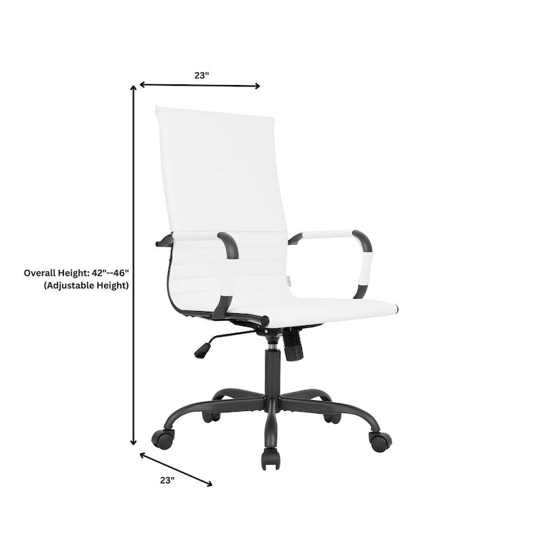 Chaise de bureau pivotante à dossier haut en cuir nervuré réglable avec piètement en métal noir