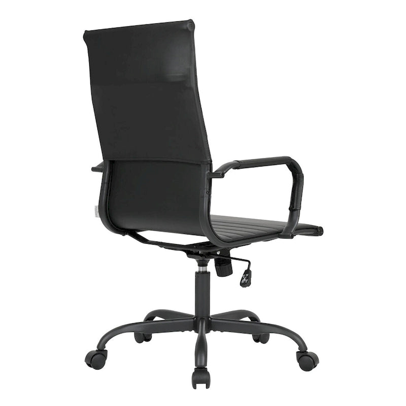 Chaise de bureau pivotante à dossier haut en cuir nervuré réglable avec piètement en métal noir